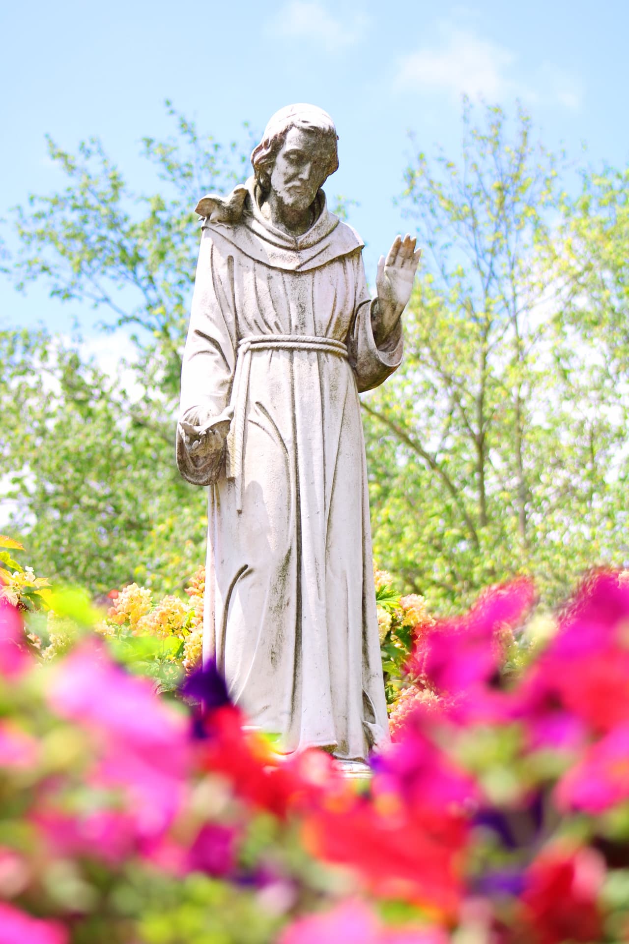 A statue of Saint Francis of Assisi displayed at the center of Franciscan University’s campus.